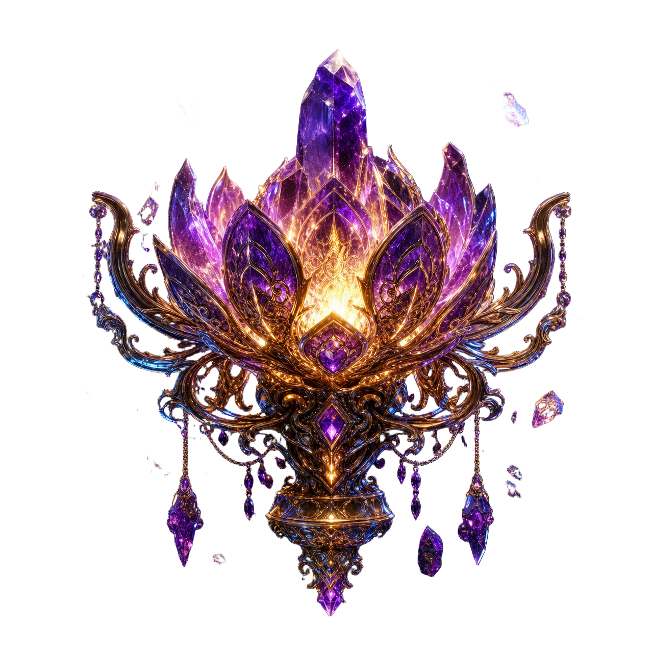 An ornate brass and violet crystal artifact glowing with molten light